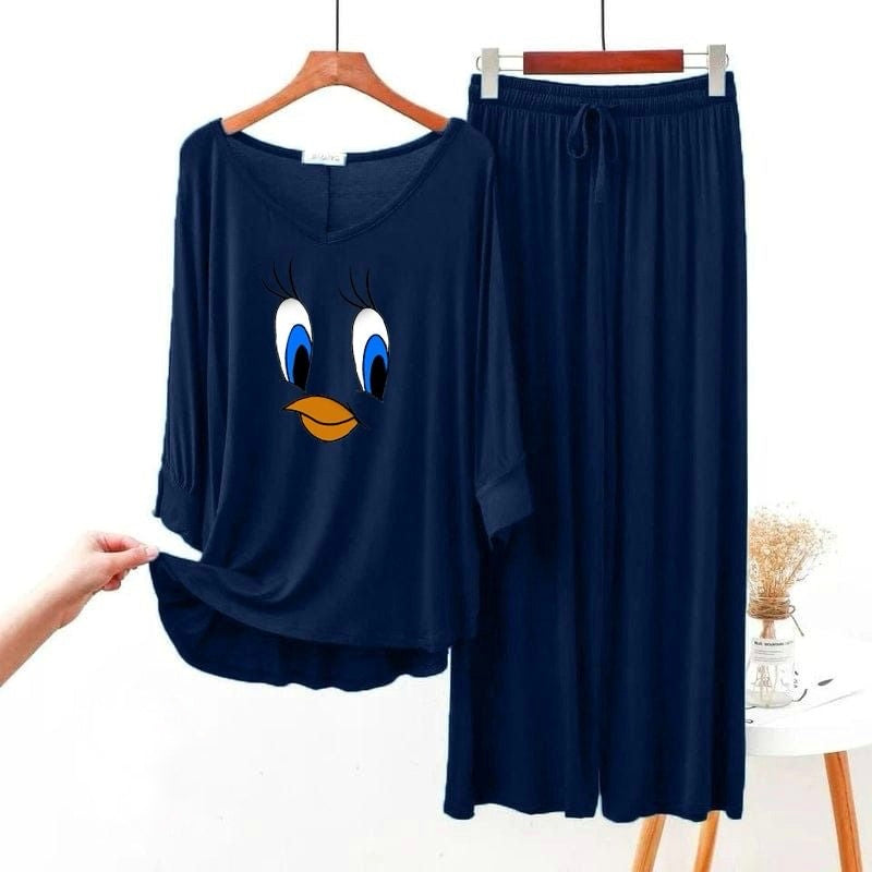 Navy Blue Tweety Eyes Printed Lounge Wear