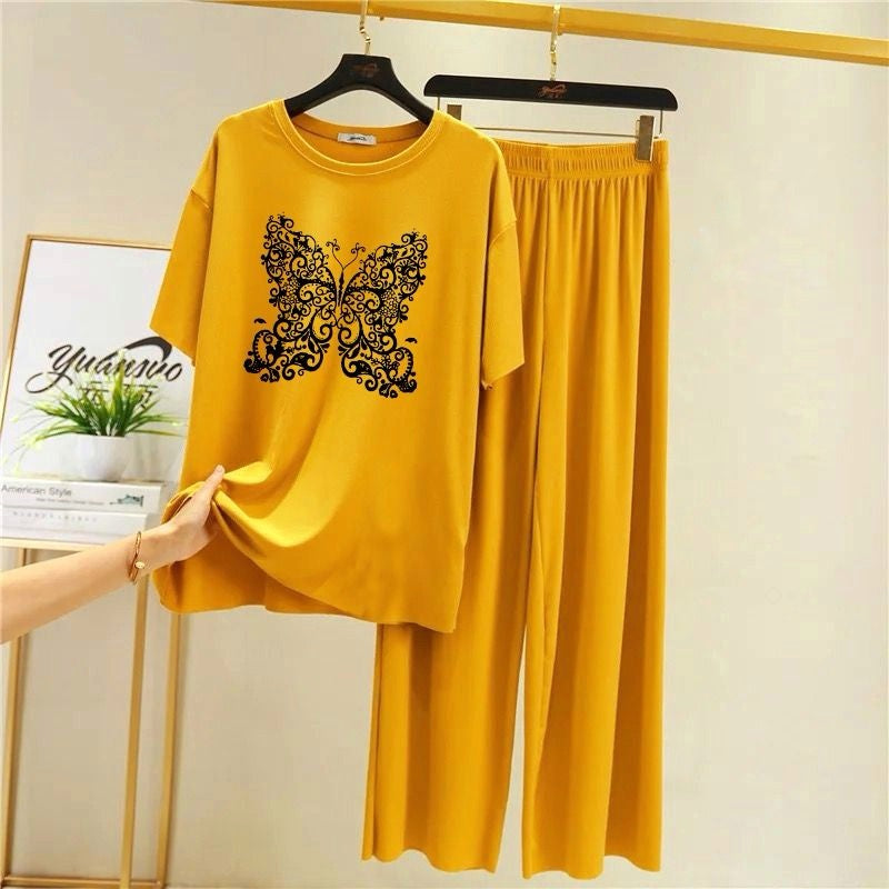 Yellow Butterfly Printed Half Sleeves Lounge Wear For Women