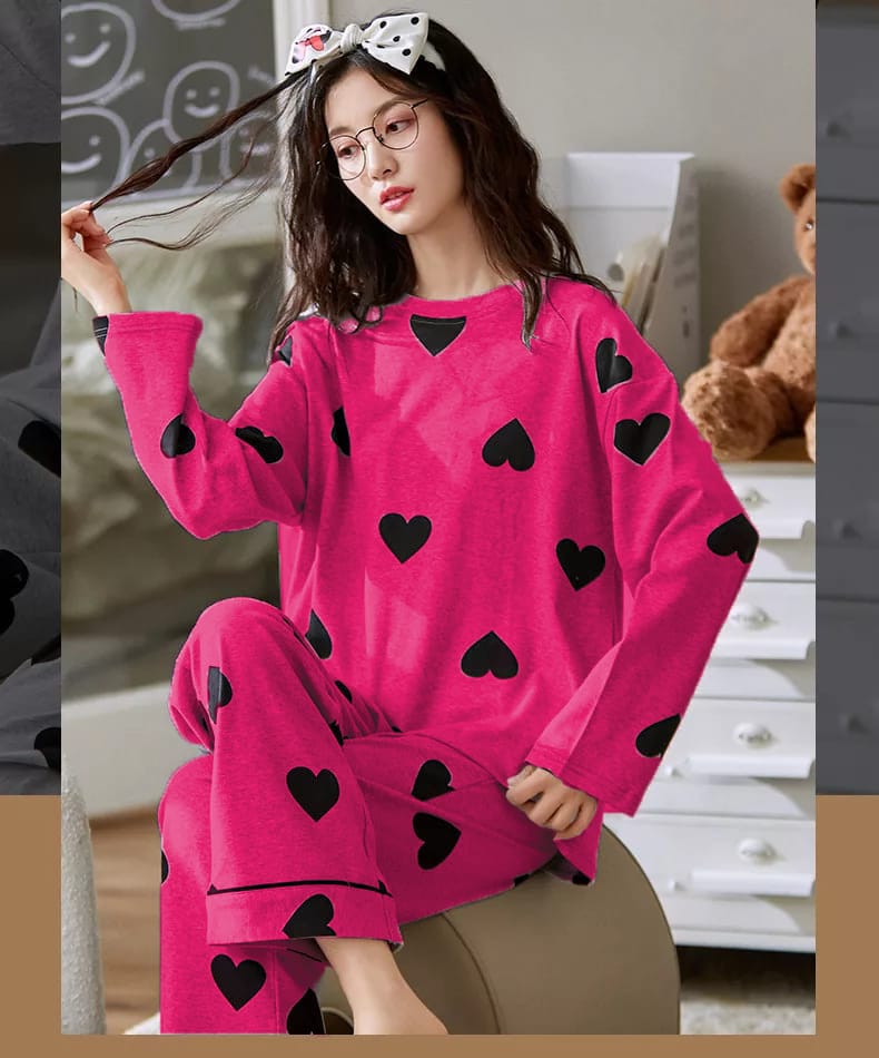 Black Hearts in Pink Full Sleeves Printed Night Suit